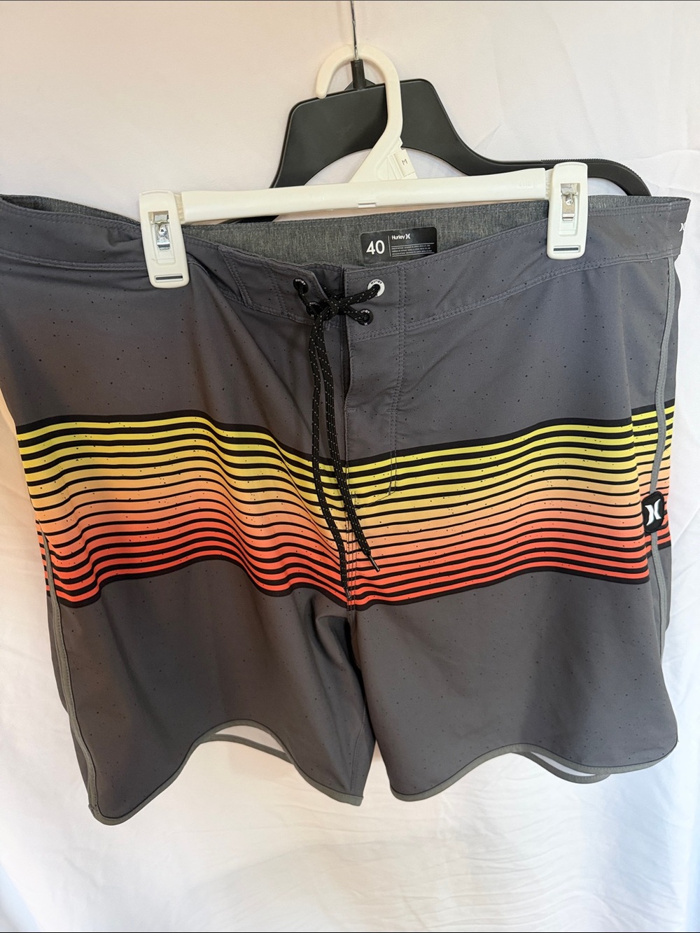 Hurley Men’s Gray Boardshorts / swim trunks with Yellow-Orange Stripe